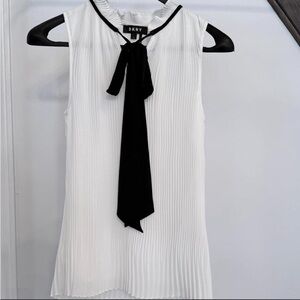DKNY Pleated White Top with Black Ribbon